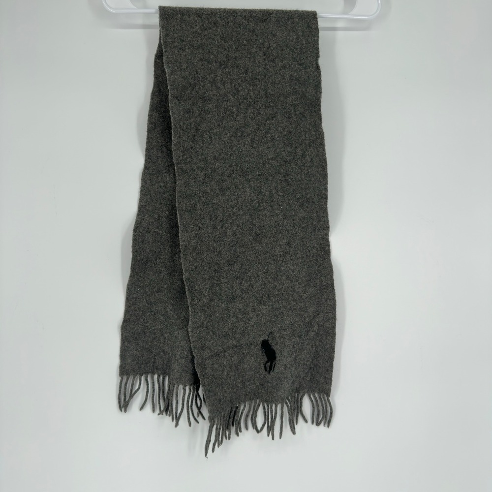 VTG Polo Ralph Lauren Gray 100% Lambswool Scarf Made in Italy Fringed Pony Logo